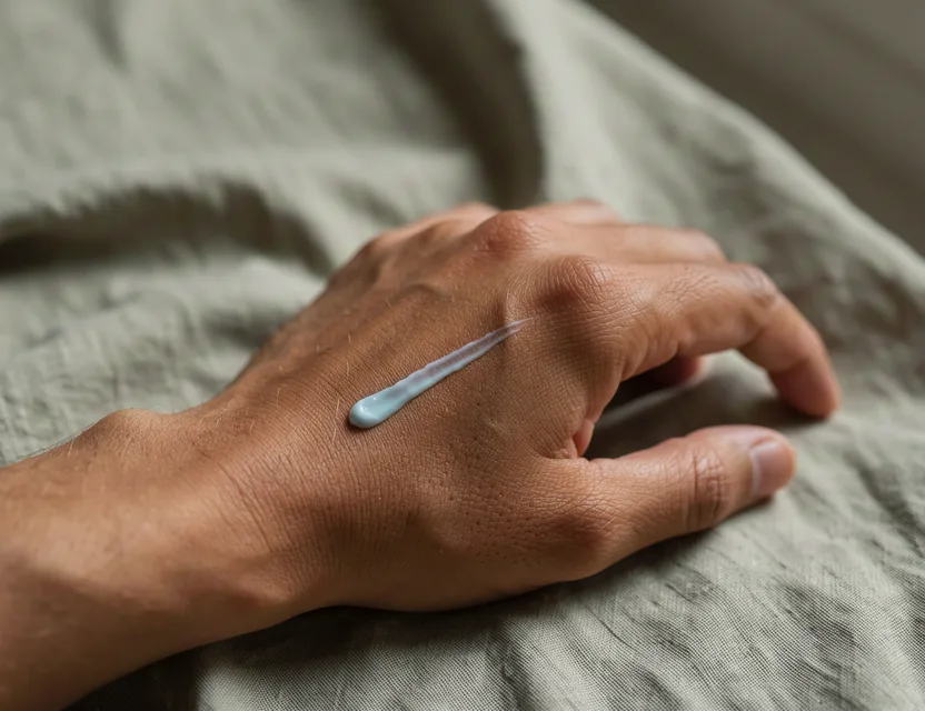 A thin streak of pale-blue copper-peptide cream across the naturally textured back of an adult hand.