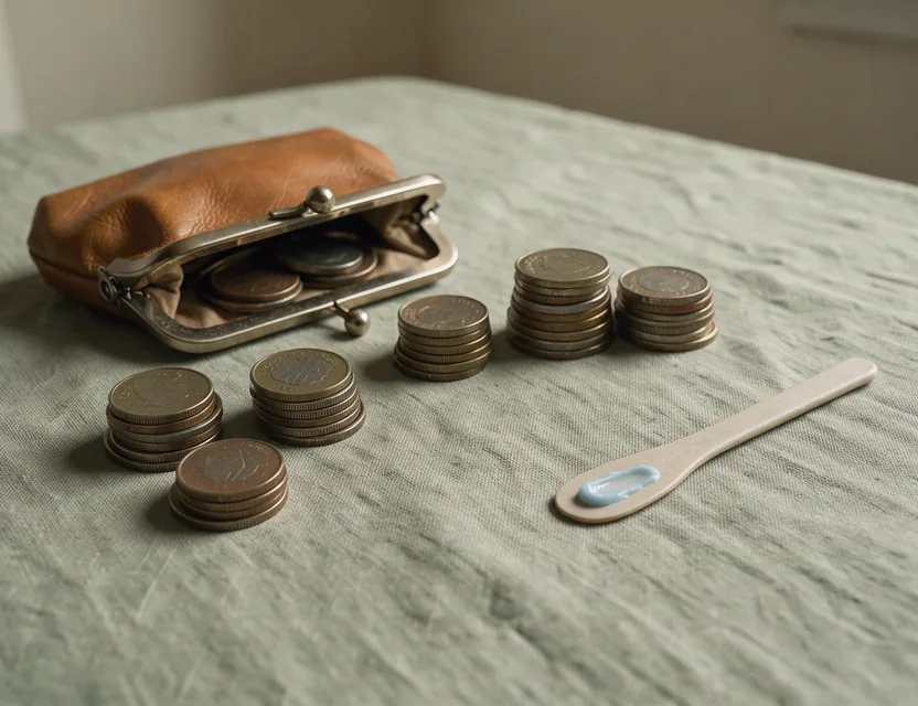 An open coin purse and separate coin stacks beside a ceramic spatula holding pale-blue copper-peptide skincare cream on a home table.